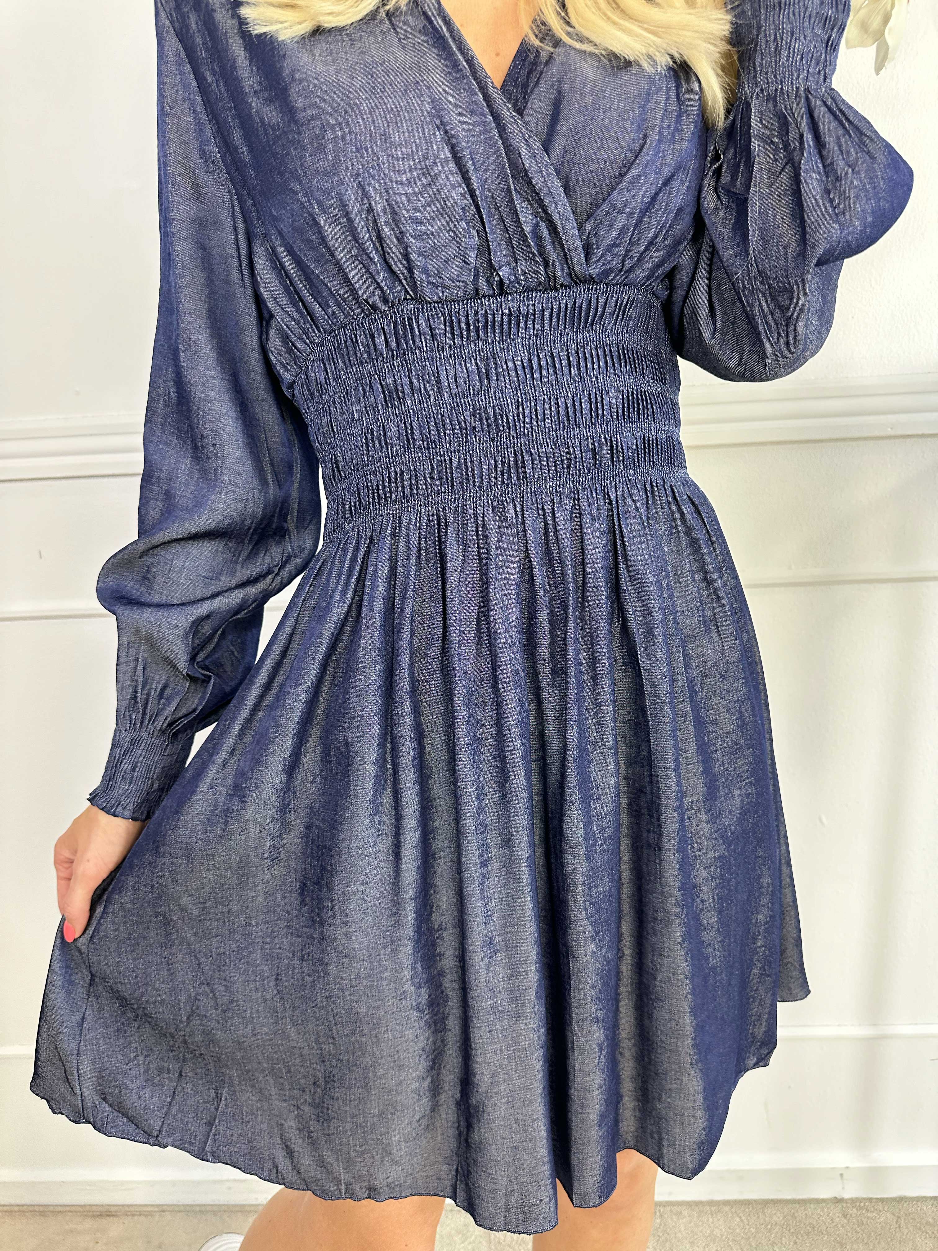 Pams Denim Short L/S - Kjole med smock i livet